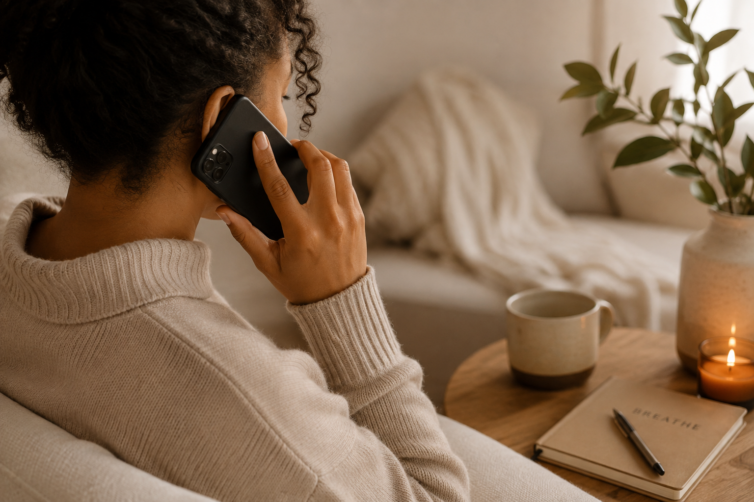 Woman talking on the phone in a warm, comfortable living room.