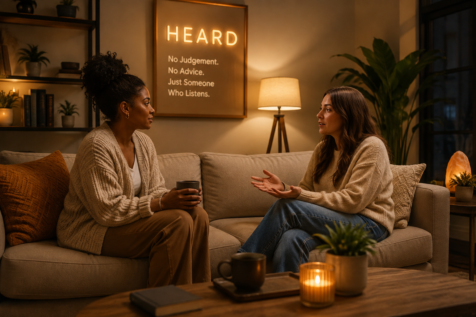 Two women having a relaxed conversation on a sofa in a warm HEARD setting.