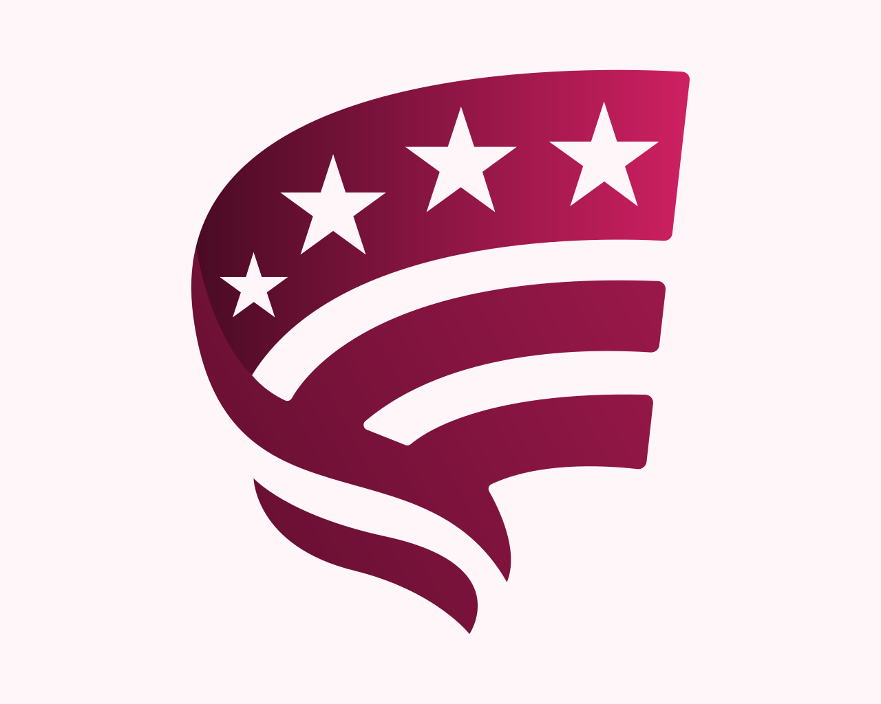 Stylized patriotic emblem with stars and stripes in shades of red and purple.