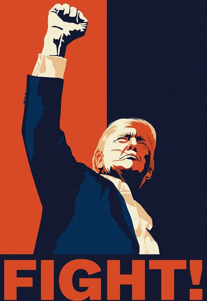 Illustration of a person resembling Donald Trump with clenched fist raised, opposite background colors, with the word "FIGHT!" in bold orange letters at the bottom.