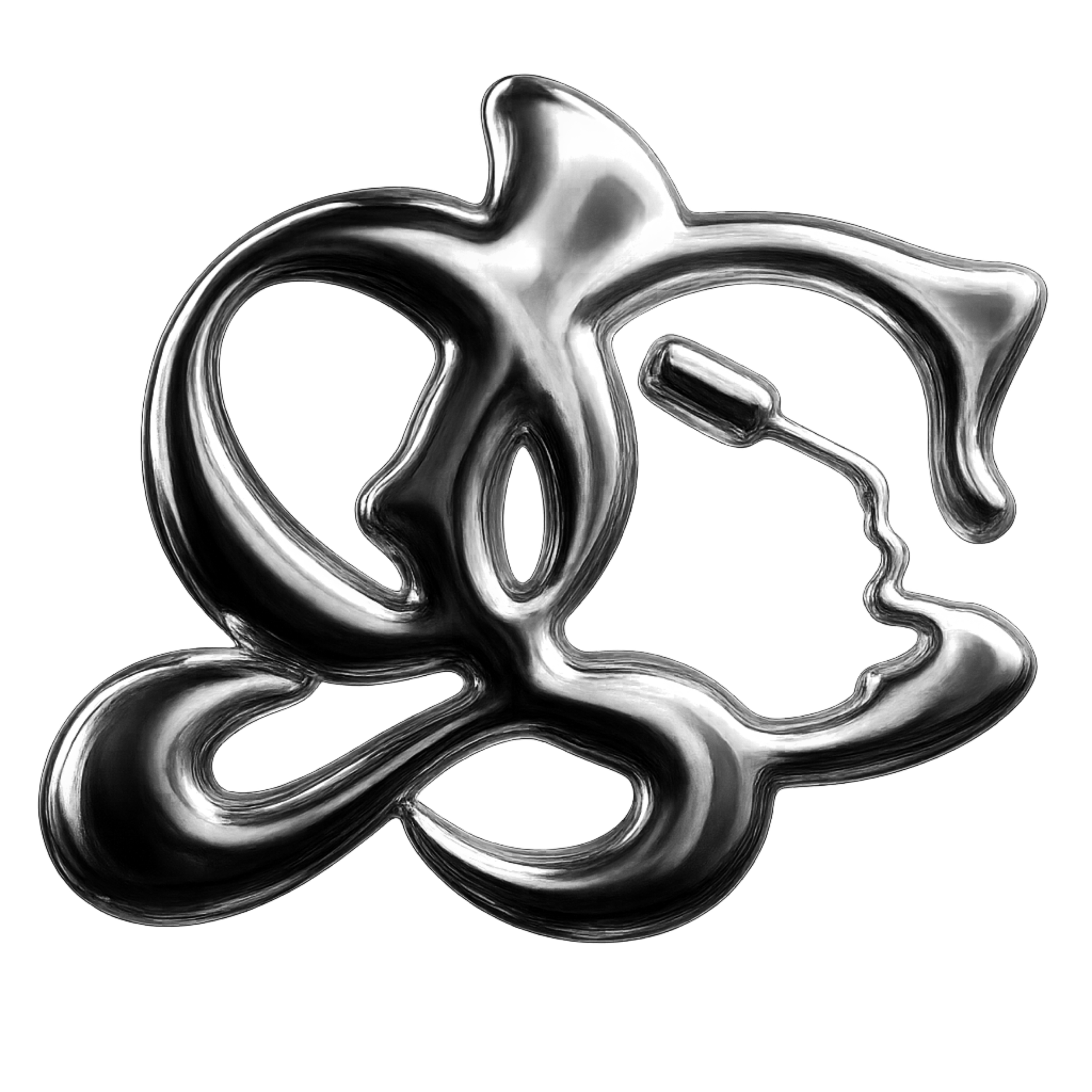 A metallic, shiny abstract sculpture against a black background, resembling a twisted, fluid form.