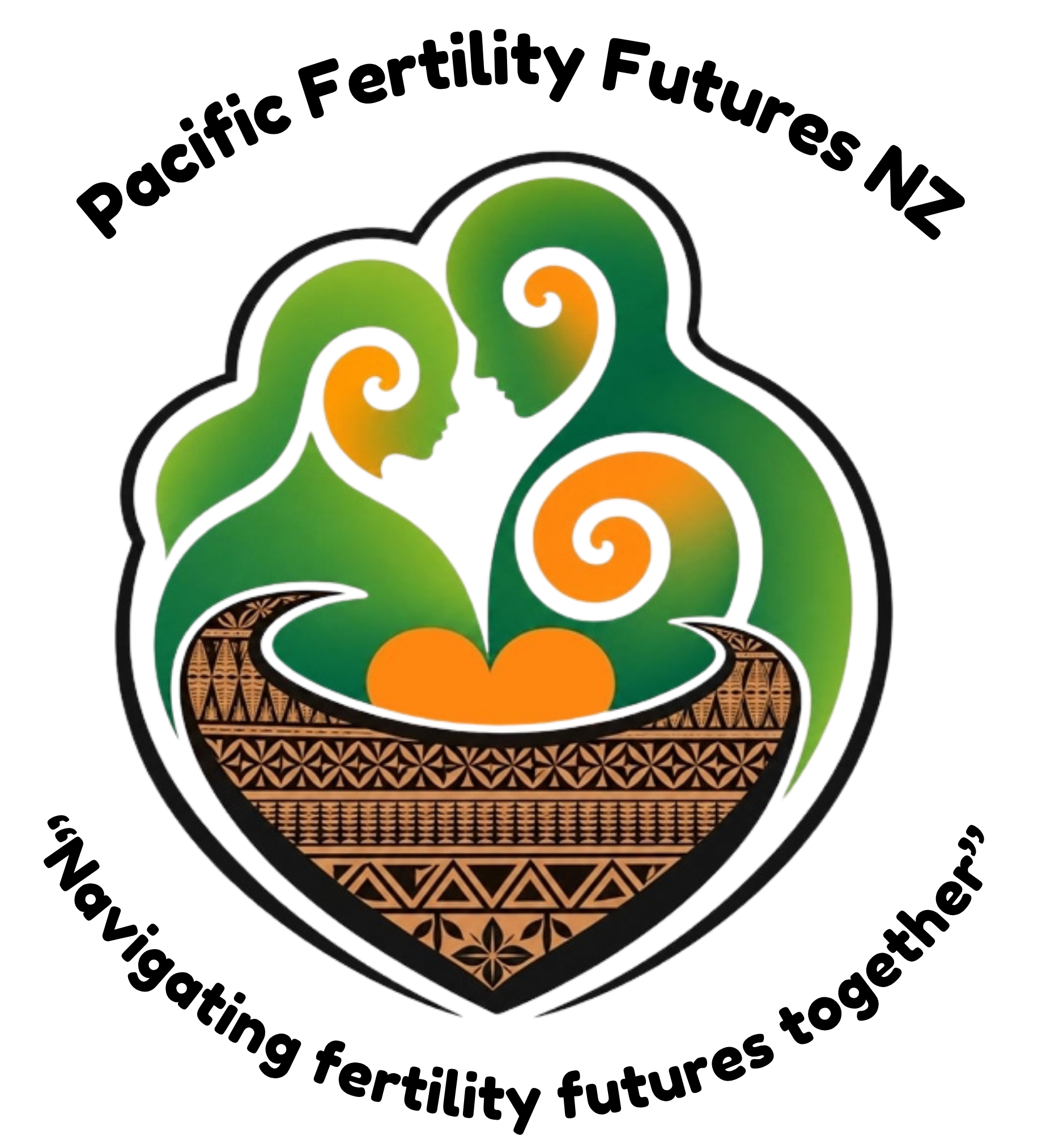 A stylized illustration of two green and orange swirling creatures facing each other with a brown patterned container underneath, set against a black background.