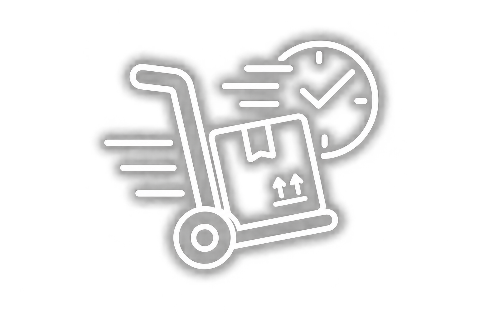 Neon sign showing a delivery hand truck with a package, a clock, and motion lines indicating speed.