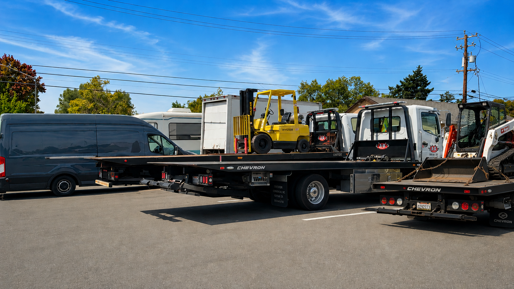 Flatbed tow truck transporting a black van with a small yellow forklift and other vehicles on the flatbed, under a blue sky with some trees and power lines in the background.