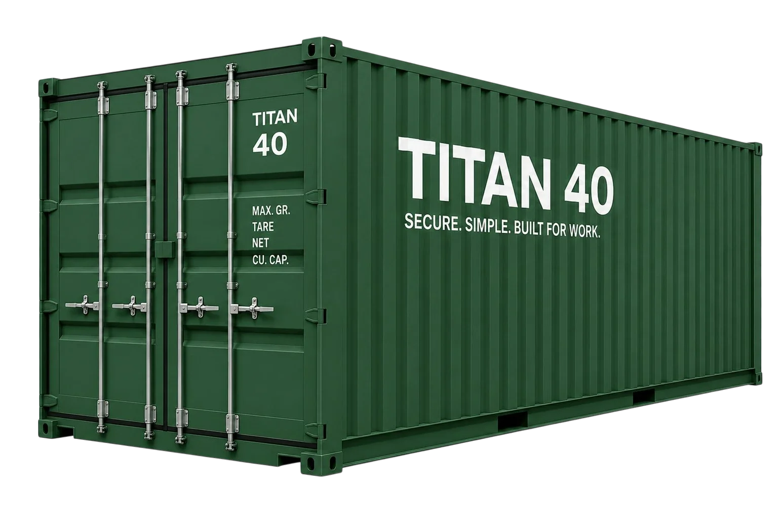 A green shipping container with white text, labeled "TITAN 40" and the slogan "SECURE. SIMPLE. BUILT FOR WORK."