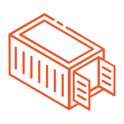 A digital illustration of a shipping container with open doors, depicted in orange outline.