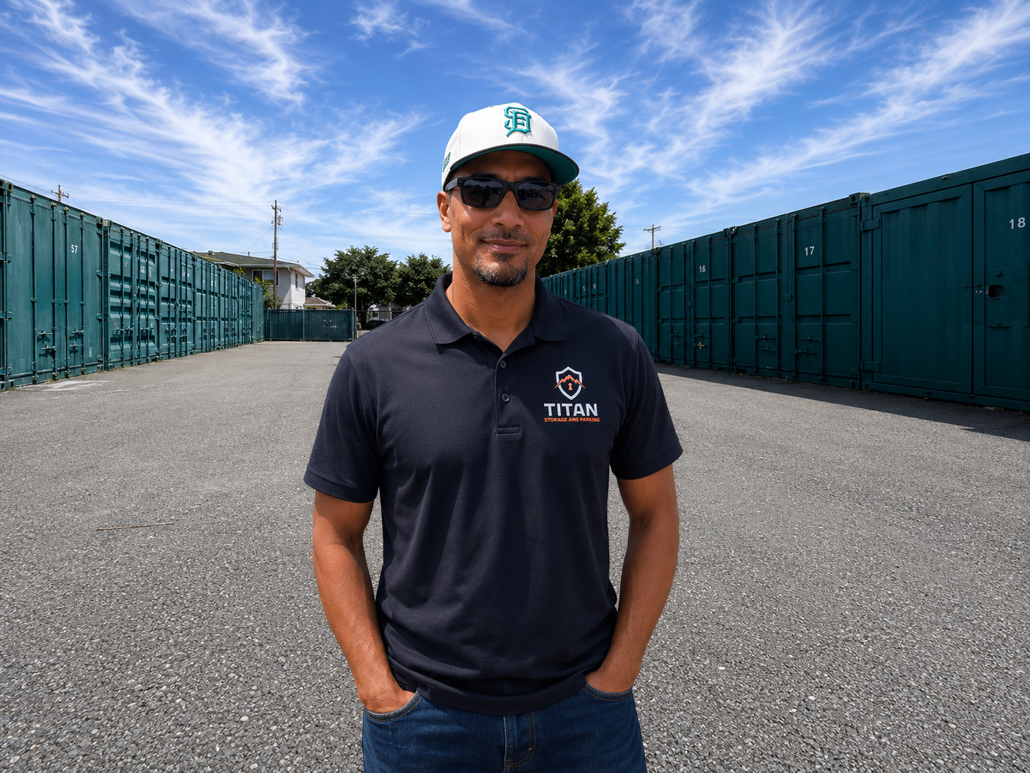 Man standing outdoors in a parking lot with storage containers, wearing sunglasses, a baseball cap, and a black polo shirt with a logo that says 'TITAN'.