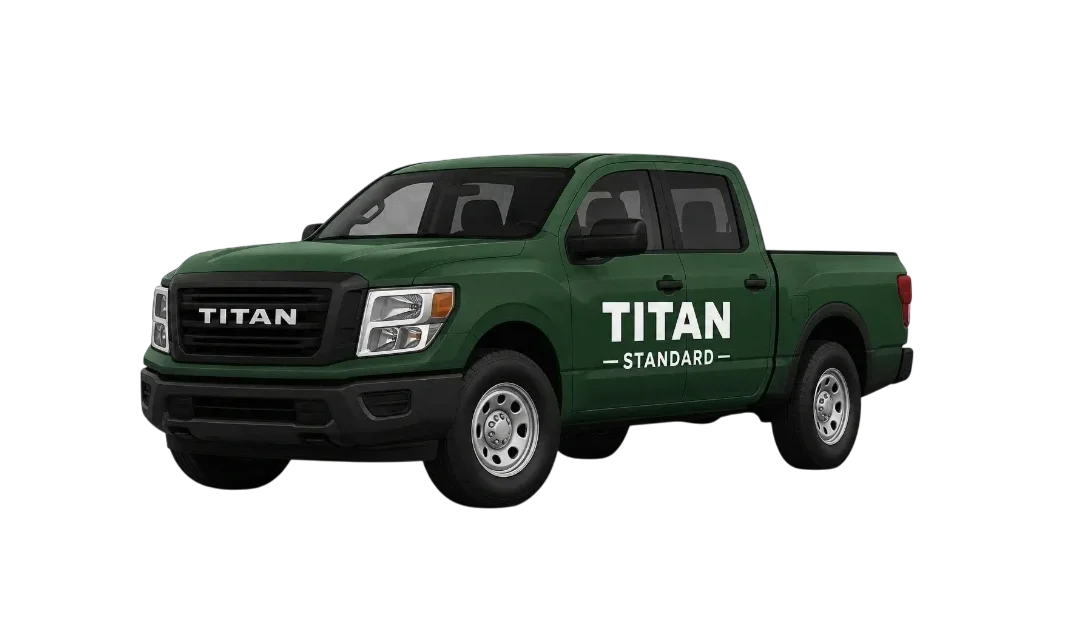 Green Titan Standard pickup truck with black grille and white text on the side reading "TITAN STANDARD"