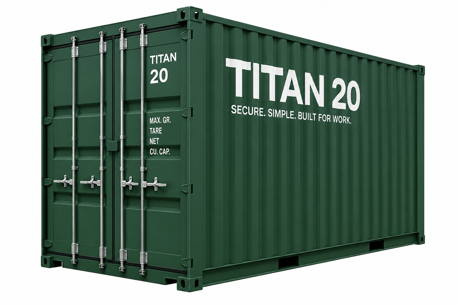 Green shipping container labeled 'TITAN 20', with white text 'Secure. Simple. Built for Work.'