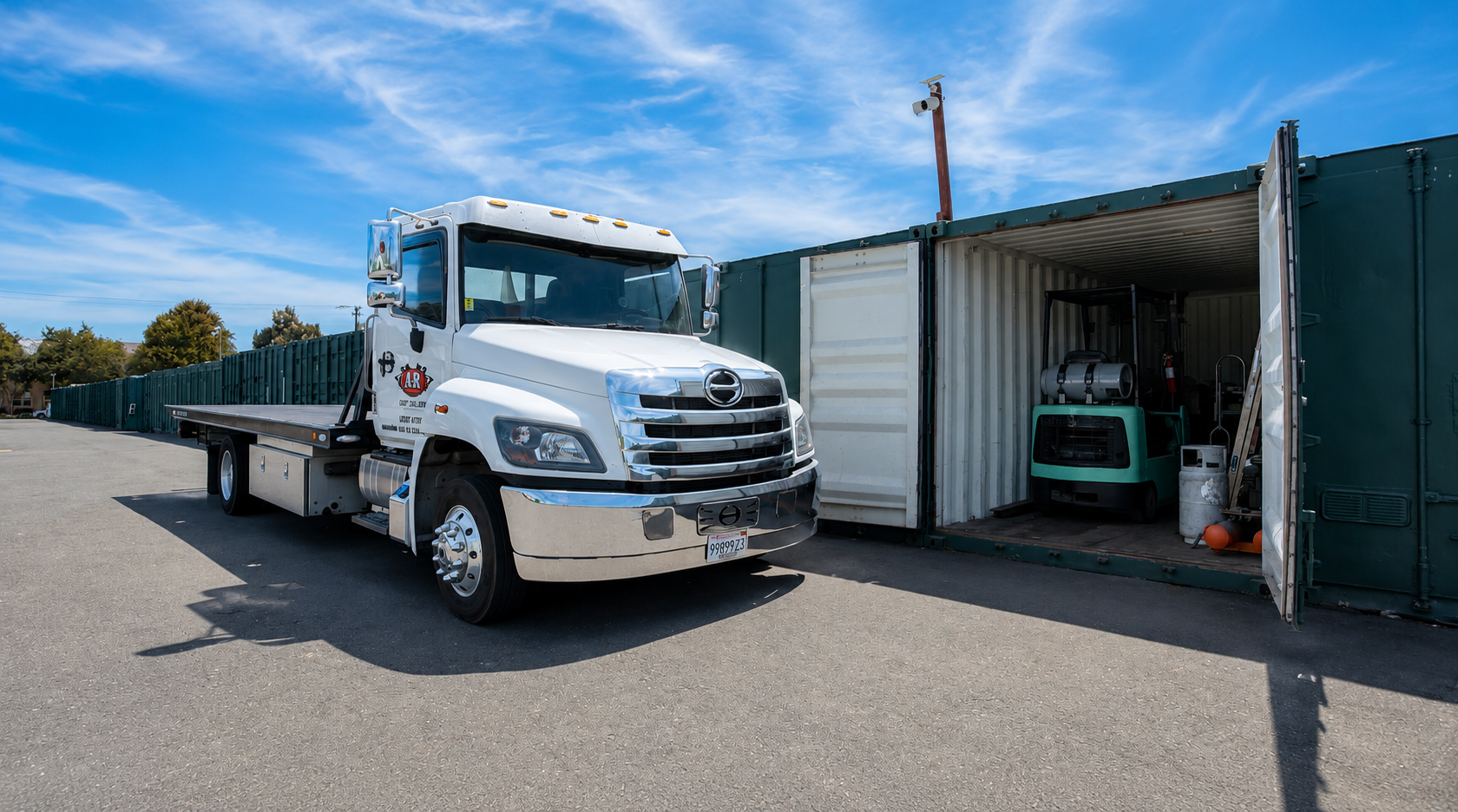 A white flatbed truck parked beside a green storage container with open doors, revealing equipment including a green generator, propane tanks, and orange safety cones, under a blue sky with some clouds.