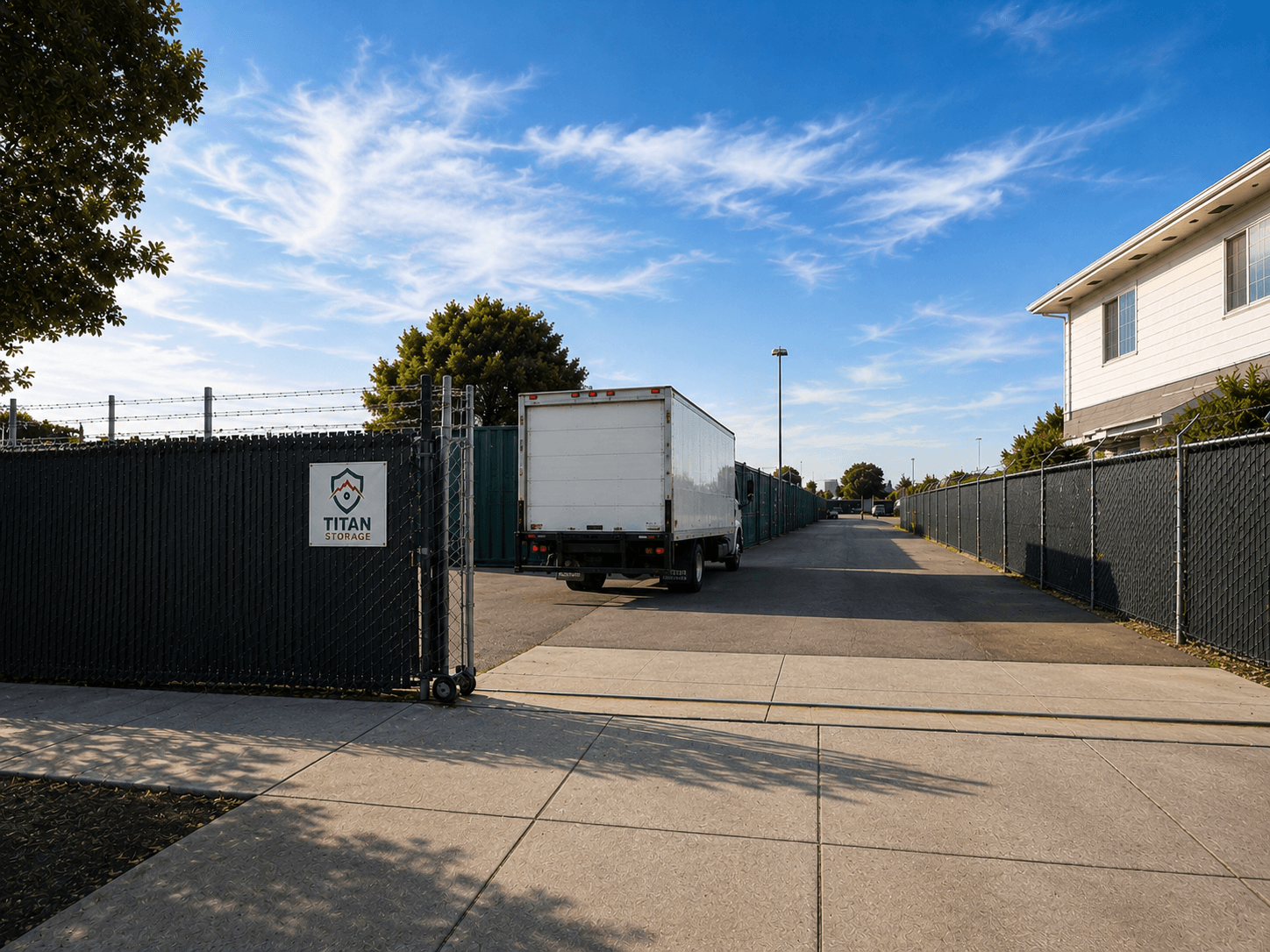 A gated storage lot labeled 'Titan Storage' with a white delivery truck parked inside, surrounded by chain-link fences and trees under a blue sky with scattered clouds.