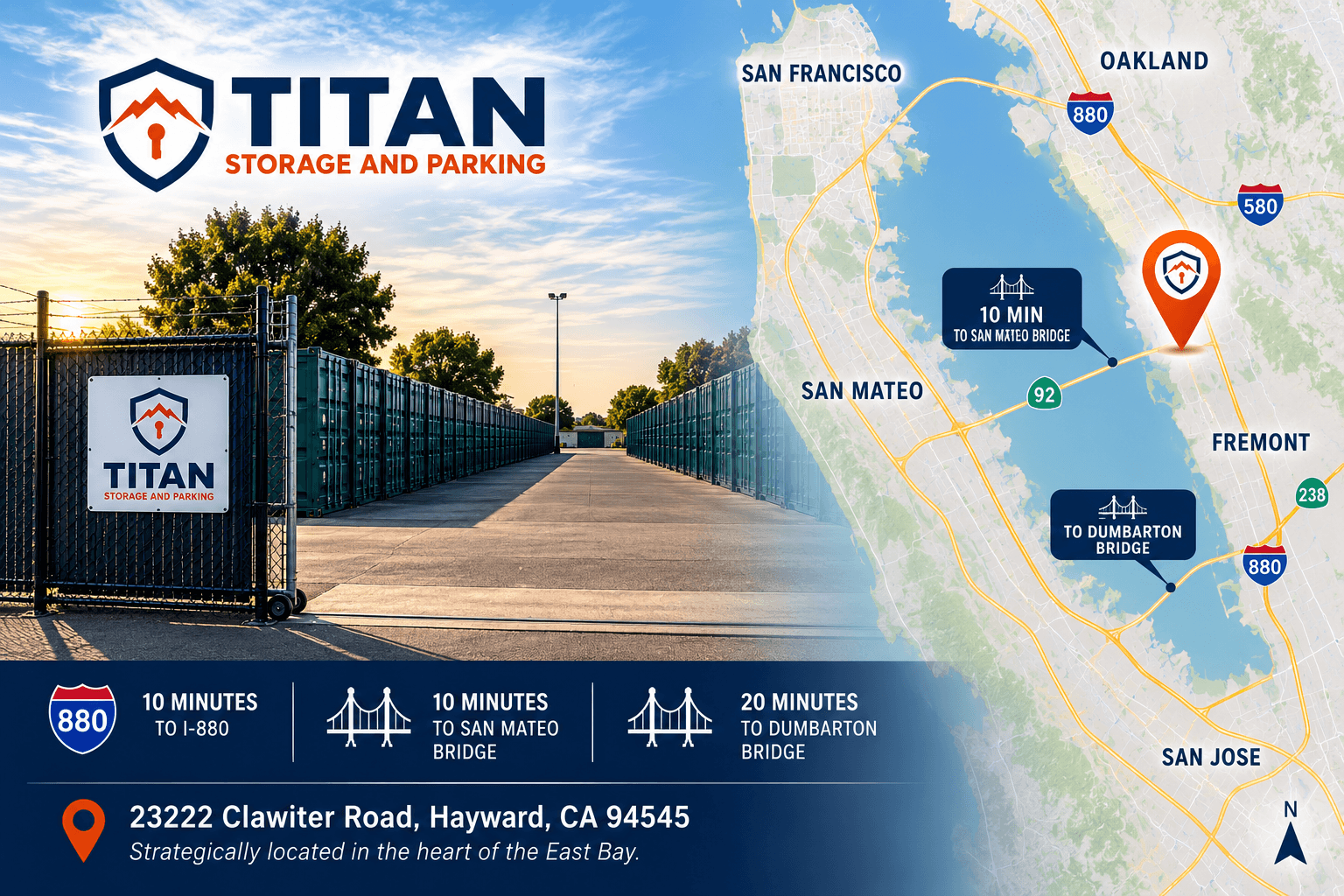 A promotional flyer for Titan Storage and Parking features a photograph of a fenced storage facility with many containers and the company's logo. It includes a map showing the location near San Francisco Bay with driving times to nearby bridges. The address is 23222 Clawiter Road, Hayward, CA 94545, highlighted as being strategically located in the East Bay.