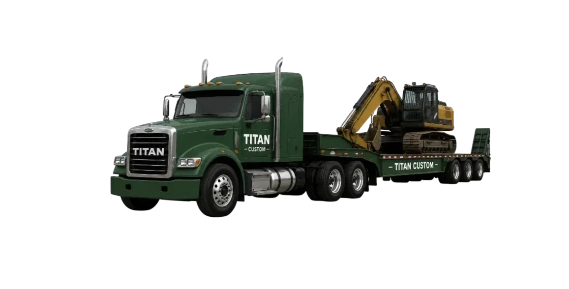 Green flatbed tow truck carrying a small yellow and black excavator.