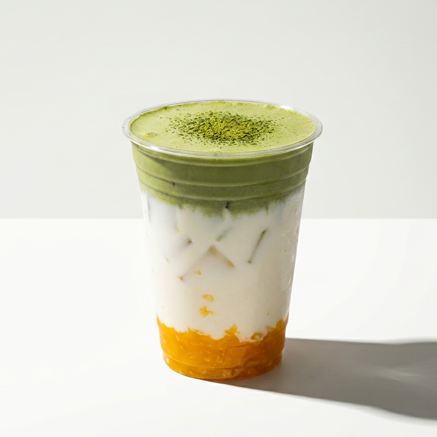 Layered bubble tea with green matcha topping, creamy white middle, and yellow mango jelly at the bottom in a clear plastic cup.