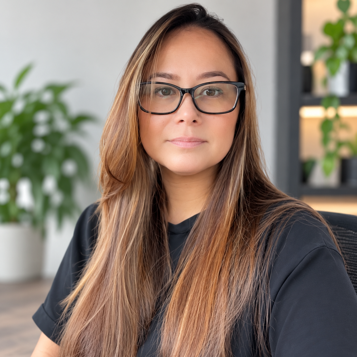 A  woman with long brown hair, wearing glasses and a black shirt, is sitting indoors in a workspace with a plant and shelves in the background.