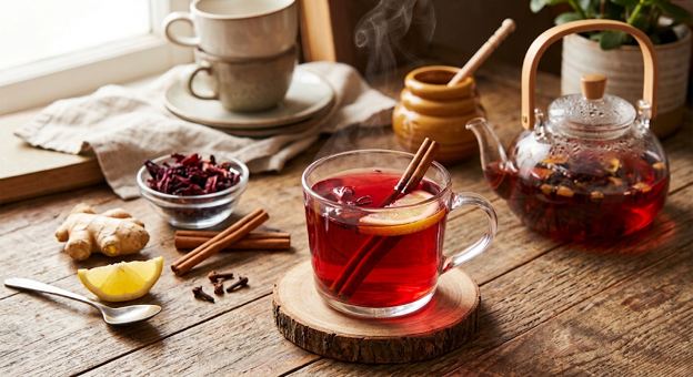 A steaming cup of herbal tea with lemon and cinnamon sticks on a rustic wooden table, surrounded by a bowl of dried cranberries, ginger, a lemon wedge, and a glass teapot filled with tea.
