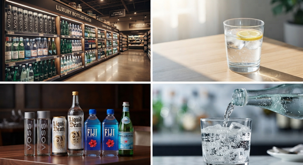 Top left: Liquor store aisle with bottled beverages, labeled 'Luxury Bottled Water.' Top right: Glass of water with lemon on a wooden table. Bottom left: Various bottles of vodka and mixers on a bar counter. Bottom right: Water being poured into a glass over ice.
