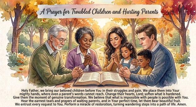 Illustration of a diverse family praying together outdoors around a table with an open Bible, in autumn setting, with a banner reading 'A Prayer for Troubled Children and Hurting Parents'.