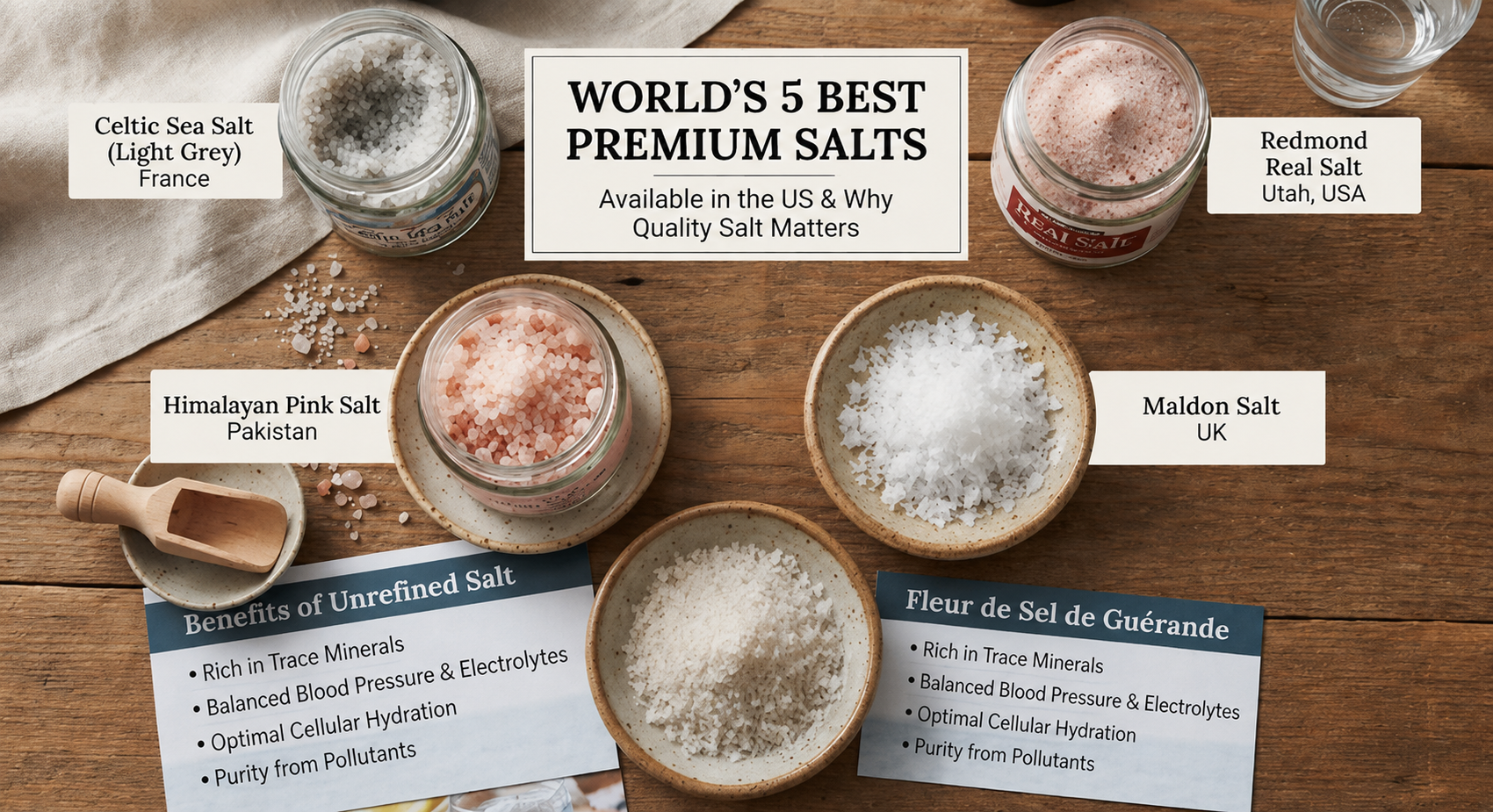 An educational display featuring various jars and plates of premium salts from around the world, including Celtic Sea Salt from France, Redmond Real Salt from Utah, Himalayan Pink Salt from Pakistan, and Maldon Salt from the UK, along with informational cards highlighting the benefits of unrefined salt.
