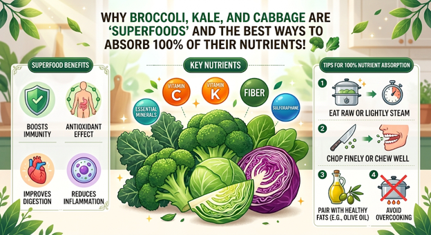 Infographic explaining the superfood benefits of broccoli, kale, and cabbage. It highlights their key nutrients like vitamin C, vitamin K, fiber, and sulfuraphane, and offers tips for nutrient absorption such as eating raw or lightly steaming, chopping finely, and pairing with healthy fats. Benefits include boosted immunity, antioxidant effect, improved digestion, and reduced inflammation.