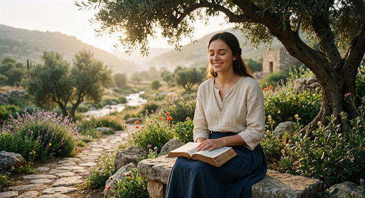 A woman sitting on a stone bench reading a book outdoors in a lush garden with trees and mountains in the background.