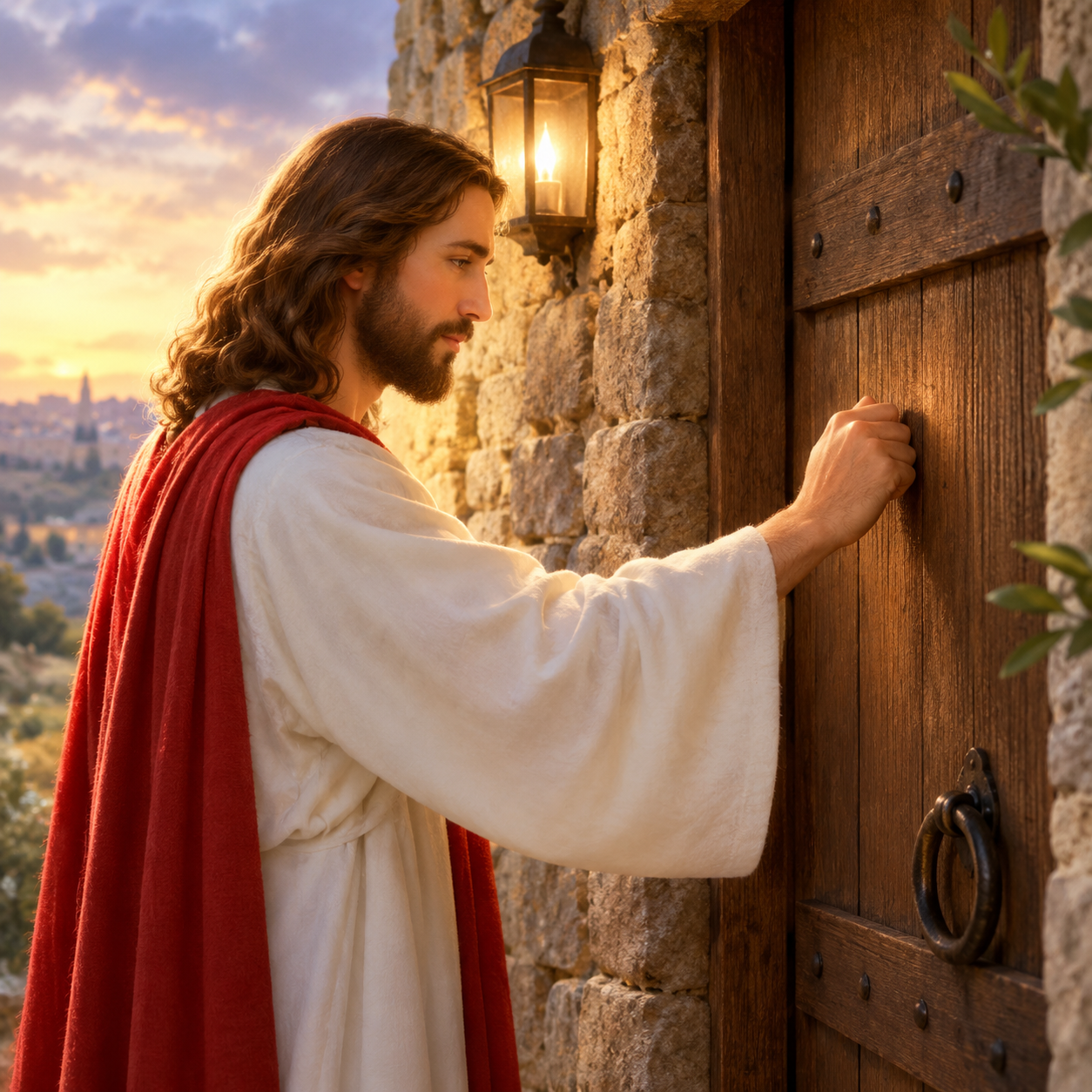 Jesus Christ knocking on a wooden door at sunset, wearing a white robe and a red cloak.