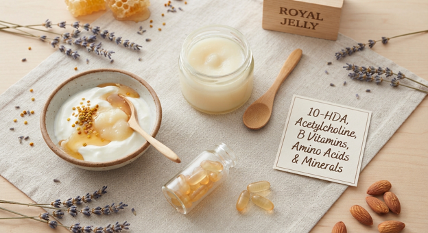 A flat lay of health supplements including a bowl of yogurt with honey, a jar of royal jelly, a small jar with capsules, and a note listing nutrients like DHA, Acetylcholine, B Vitamins, Amino Acids, and Minerals, decorated with lavender flowers and almonds.
