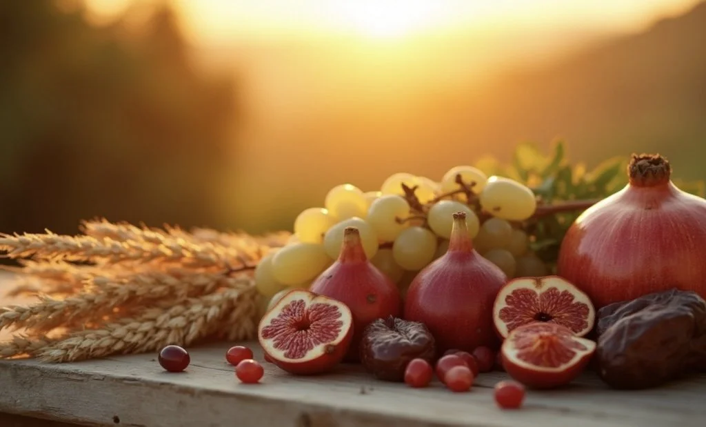 A close-up of grapes, pomegranates, dates, and wheat stalks on a wooden surface with a sunset background