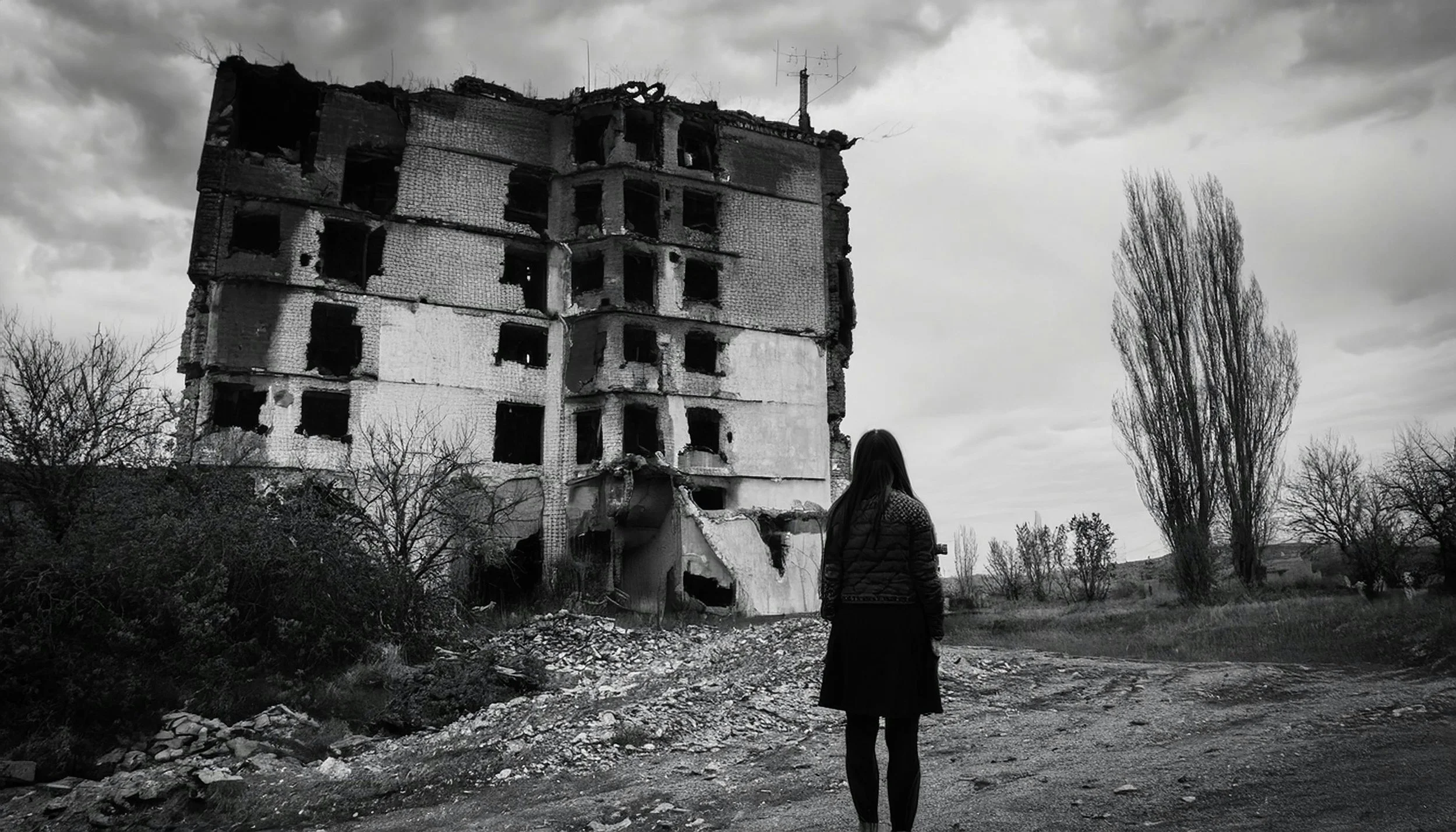 A woman standing in front of a dilapidated, partially ruined multi-story building in a rural area with leafless trees and a cloudy sky.