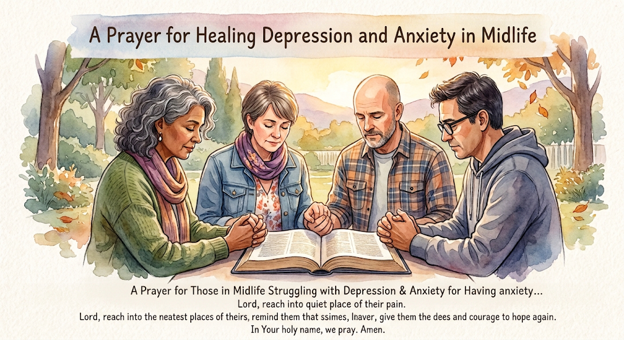 Four people praying together outdoors, with an open Bible in front of them, under a banner that reads 'A Prayer for Healing Depression and Anxiety in Midlife.'