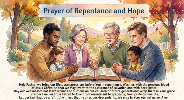 A diverse family of five people praying outdoors around a table with an open Bible, autumn trees in the background, under a banner reading 'Prayer of Repentance and Hope.'