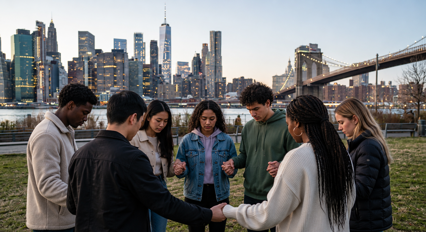 A diverse group of eight young people holding hands in prayer outdoors with the New York City skyline and Brooklyn Bridge in the background.