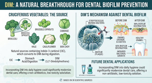 Diagram illustrating the natural sources of cruciferous vegetables like broccoli, Brussels sprouts, kale, cauliflower, bok choy, cabbage, and their potential role in preventing dental biofilm through the mechanism of Indole-3-Carbinol (I3C) converting to Diindolylmethane (DIM). The diagram shows how DIM may enhance dental hygiene and prevention of biofilm development and cavities, alongside a visualization of how Streptococcus mutans bacteria forms biofilm plaque before and after application of DIM, leading to less biofilm and healthier teeth.