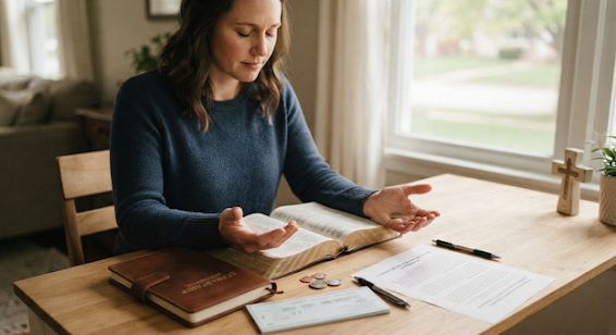 Woman reading a Bible at a table with documents and cups, near a window.