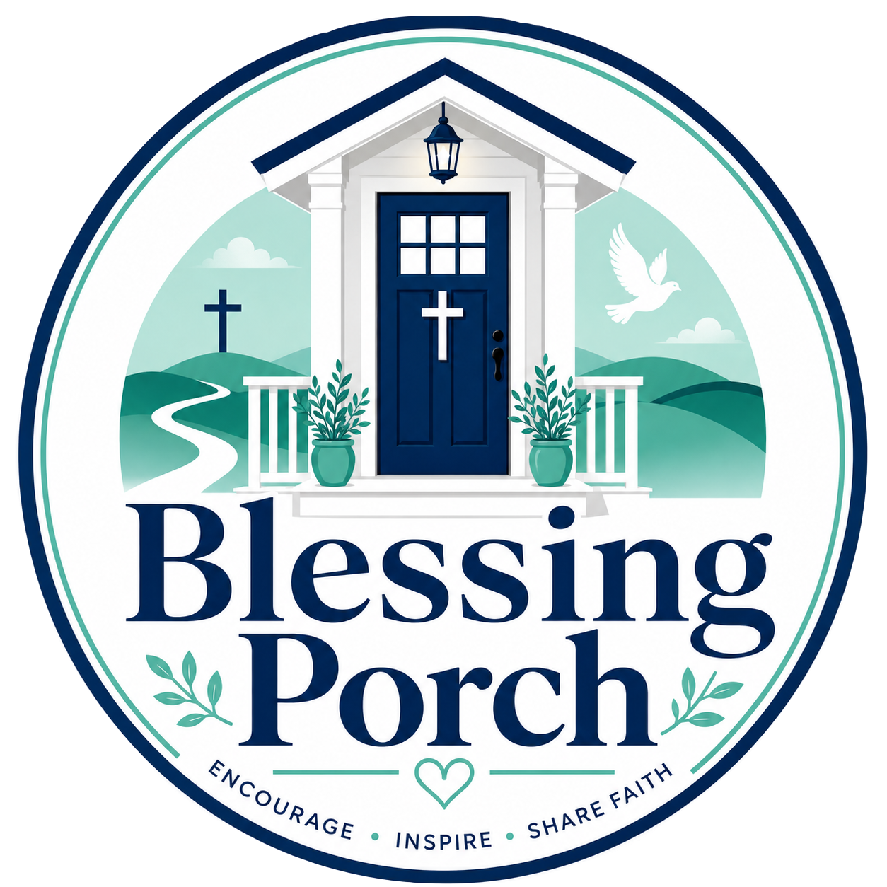 Logo for Blessing Porch featuring a house with a blue door and cross, potted plants, a cross in the distance, a flying dove, and the words 'Blessing Porch' with the tagline 'Encourage, Inspire, Share Faith'.