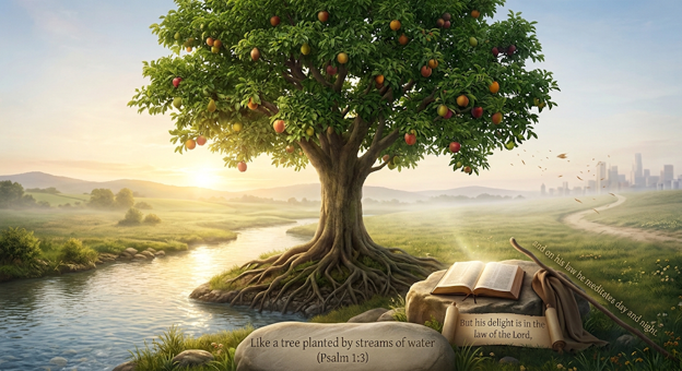 A large tree with ripe apples growing on it, situated next to a flowing stream in a peaceful landscape during sunset. An open Bible and a scroll rest on a rock nearby, with a verse from Psalm 1:3 wishing happiness to those who delight in God's law.