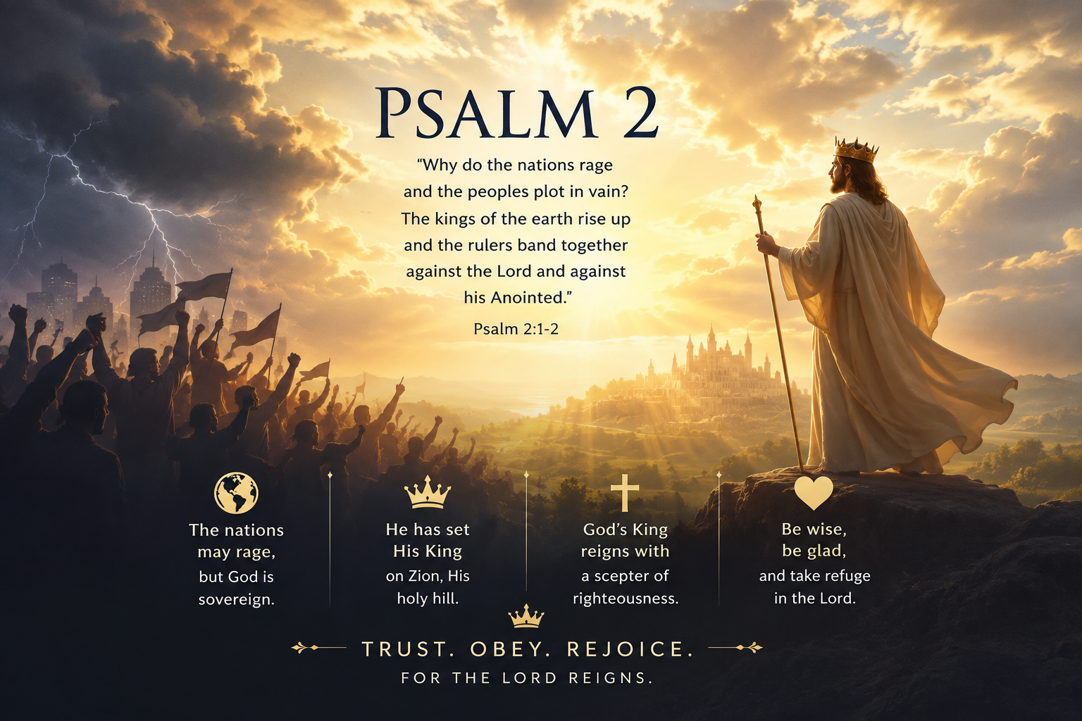 A digital illustration featuring a biblical scene with a crowned man in a white robe holding a scepter, standing on a rocky hill overlooking a city in the distance. The background shows a dramatic sky with dark storm clouds, lightning, and golden sunlight. In the foreground, silhouettes of people with raised fists and flags celebrate. Overlaid text includes a quote from Psalm 2 and related biblical insights, emphasizing trust, obedience, and rejoicing in the Lord.