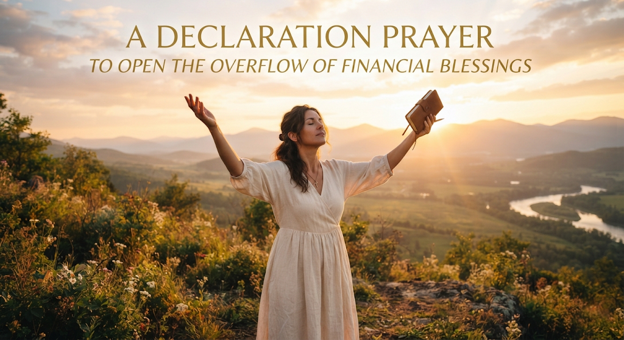 Woman in white dress praying with arms raised outdoors at sunset, holding a Bible, with a scenic landscape of mountains and river in the background.