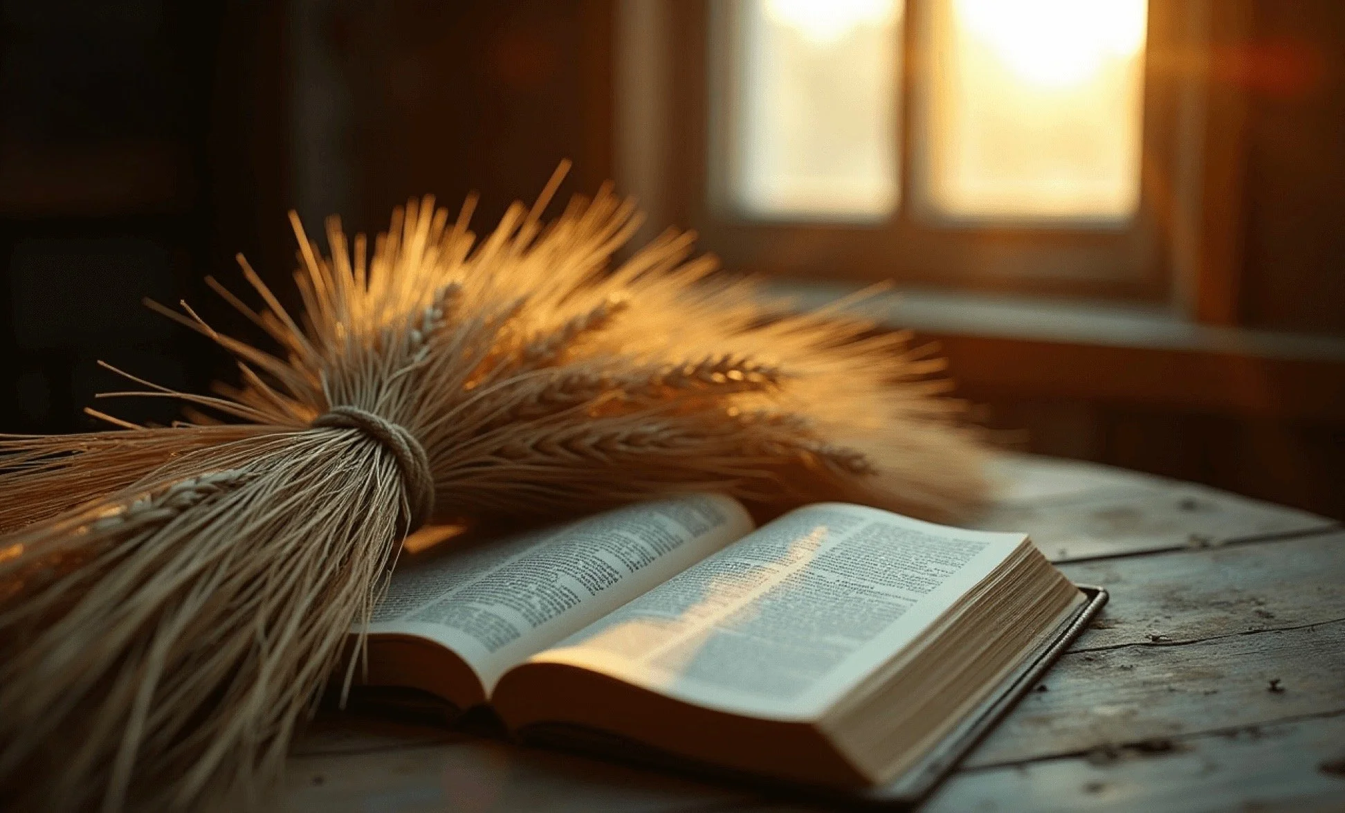 An open book on a wooden table with a bundle of wheat stalks resting on top, sunlight streaming through window behind.