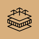 A black and white isometric illustration of a multi-level building or platform with a flat roof and ladder-like structures on top.