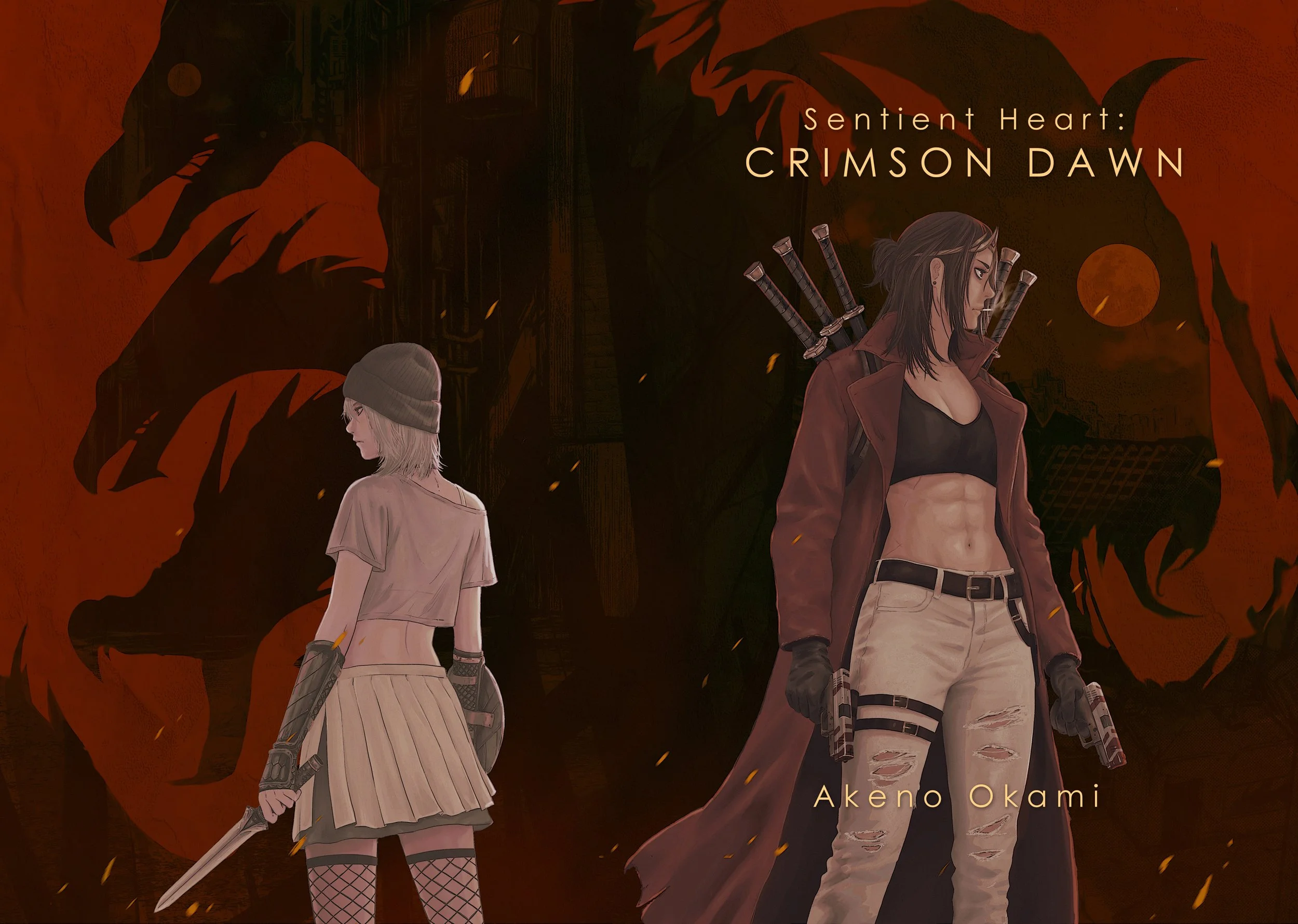 Anime-style illustration of two female characters standing against a dark background with fiery orange accents and a large dragon silhouette. One character has long dark hair, is wearing an open coat, and holding guns. The other character has short blonde hair, a beanie, and is dressed in lighter clothing with fishnet stockings.