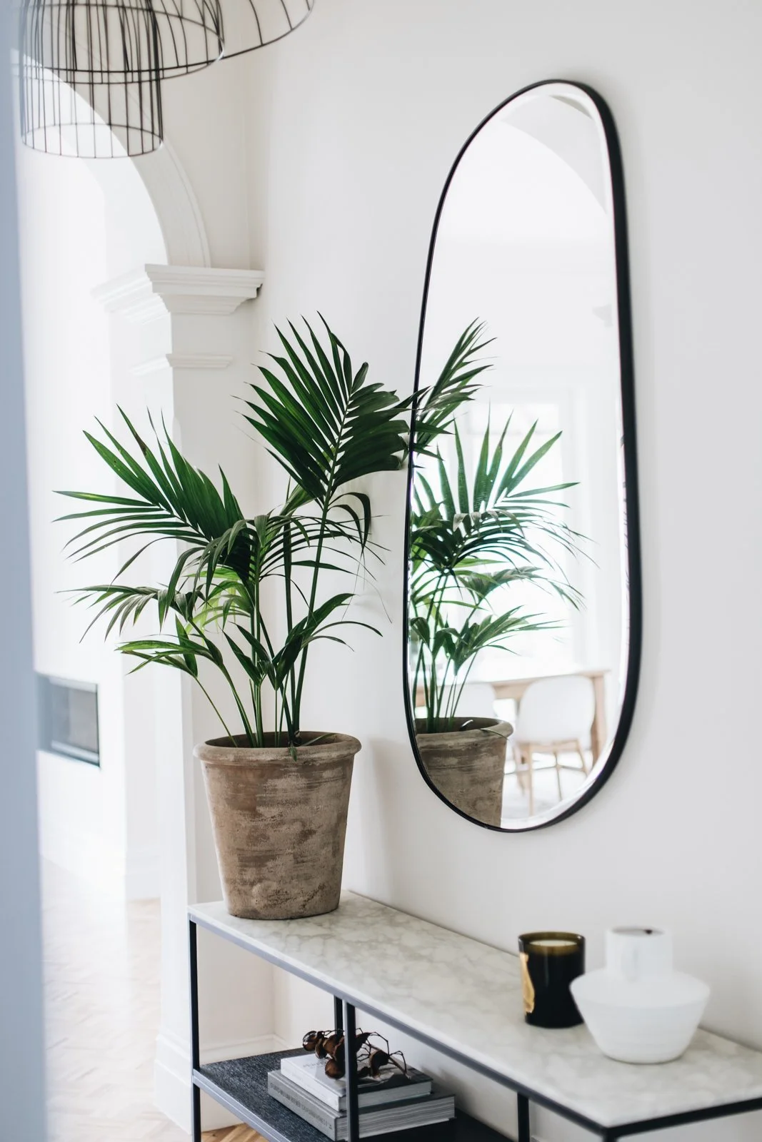 A tall potted green plant on a console table with a marble top, reflected in a large oval mirror mounted on a white wall, in a bright room with modern decor.