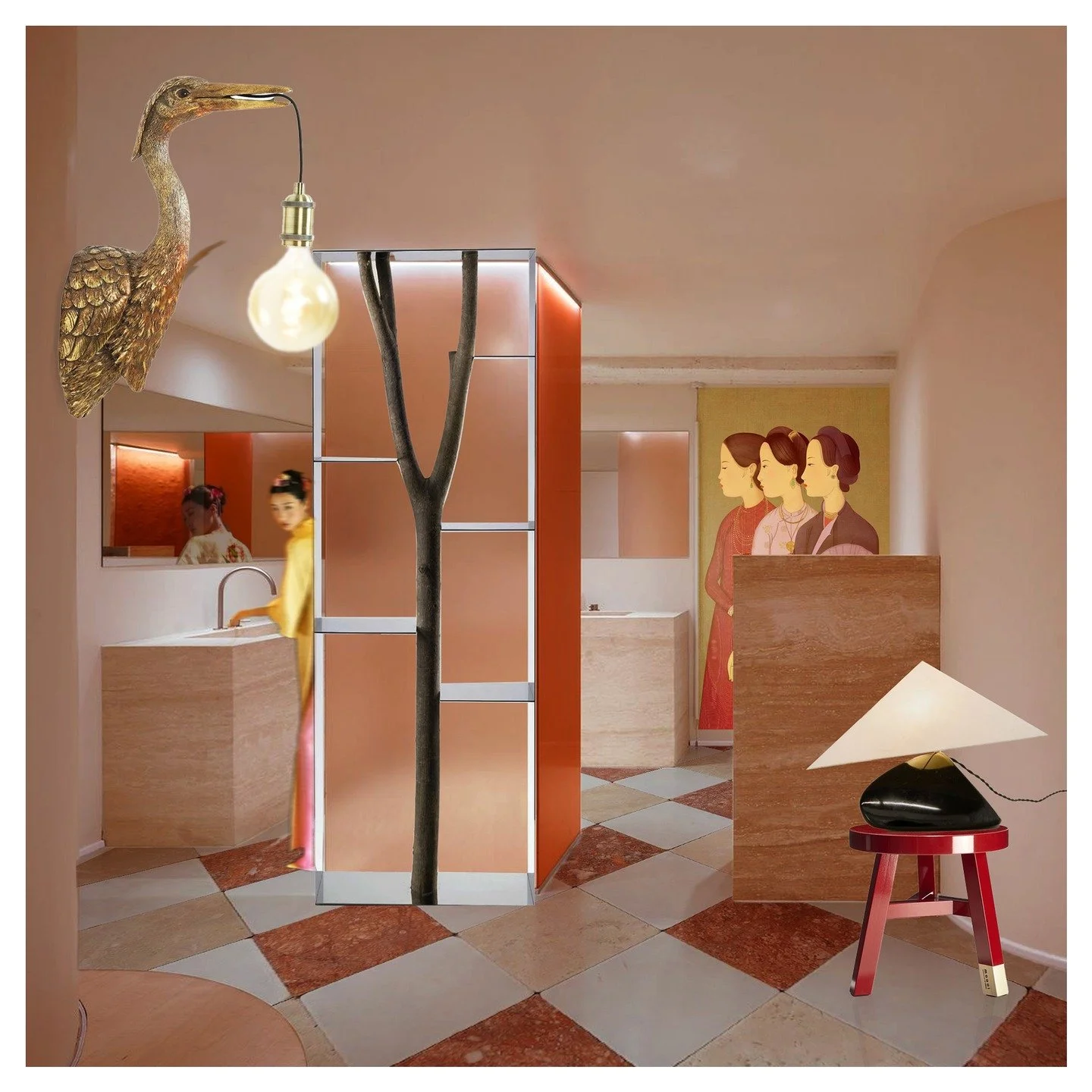 IDEA MOODBOARD SERIES #9
#moodboard #interior #boutiquehotel #restroom
.
Space is inspired by The Clinic by Salty Architects, Leo Lei 
Wall Light is Billy - Crane Antique @fishpoolsuk 
Shelf is Bibliotheque Piccolo Albero, 2013 
Table lamp is Illumin