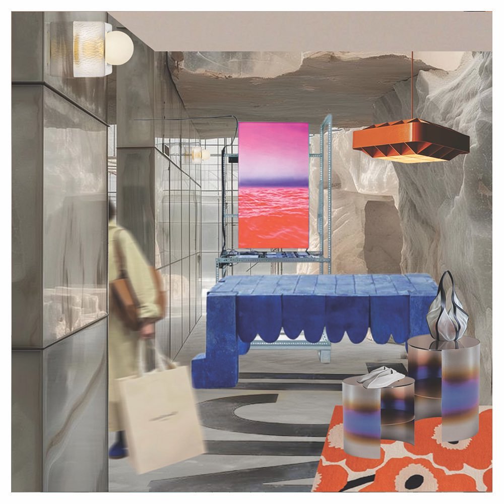 IDEA MOODBOARD SERIES #6
#moodboard #interior #fashionstore 
.
Space is inspired by The Fictional Ruins series of @agatamurasko 
Stool by @hamanishidesign 
Rug by @marimekko 
Wall light is Tuck wall sconce by Michael Amato 
Pendant "1979" b