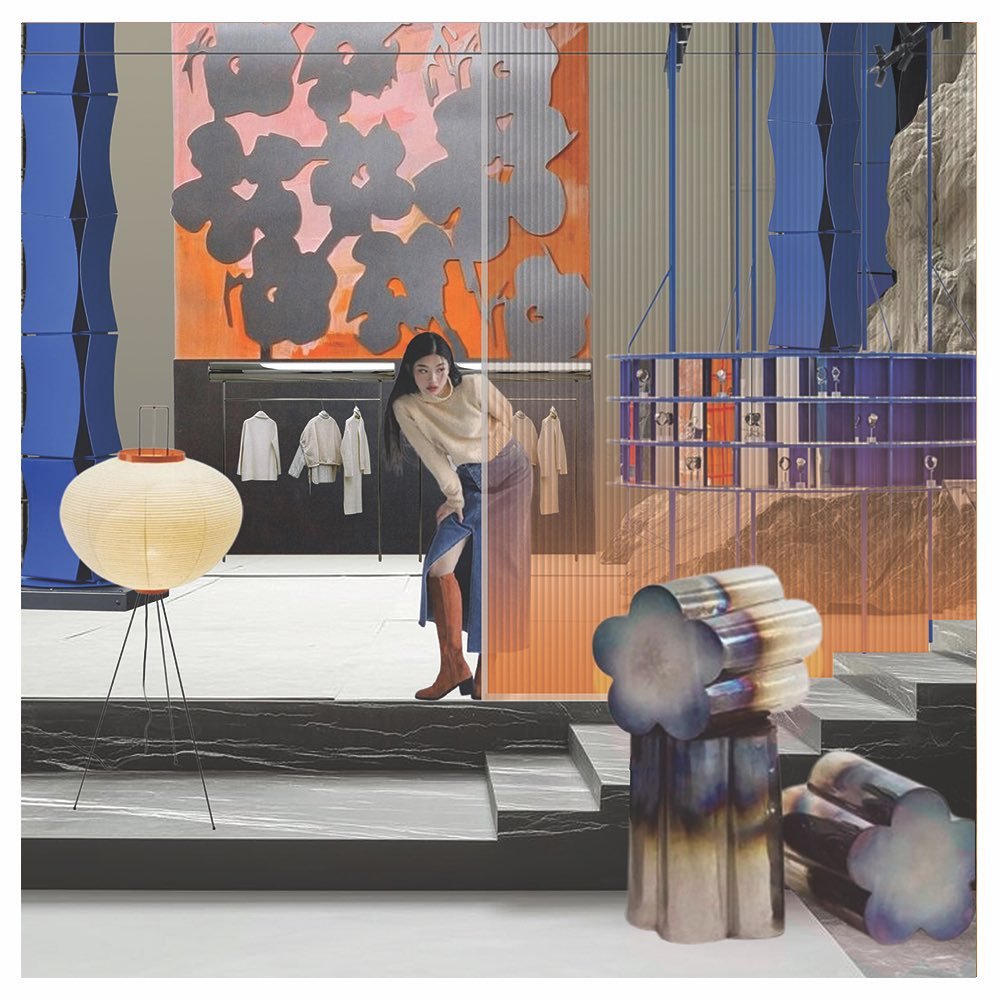 IDEA MOODBOARD SERIES #6
#moodboard #interior #fashionstore 
.
Space is inspired by The Fictional Ruins Series of @agatamurasko 
Stool by Barvinok Ukraine 
Wallart is inspired by @marimekko 
Display stand is designed by TAO+C for MOMIC
Wall light is 
