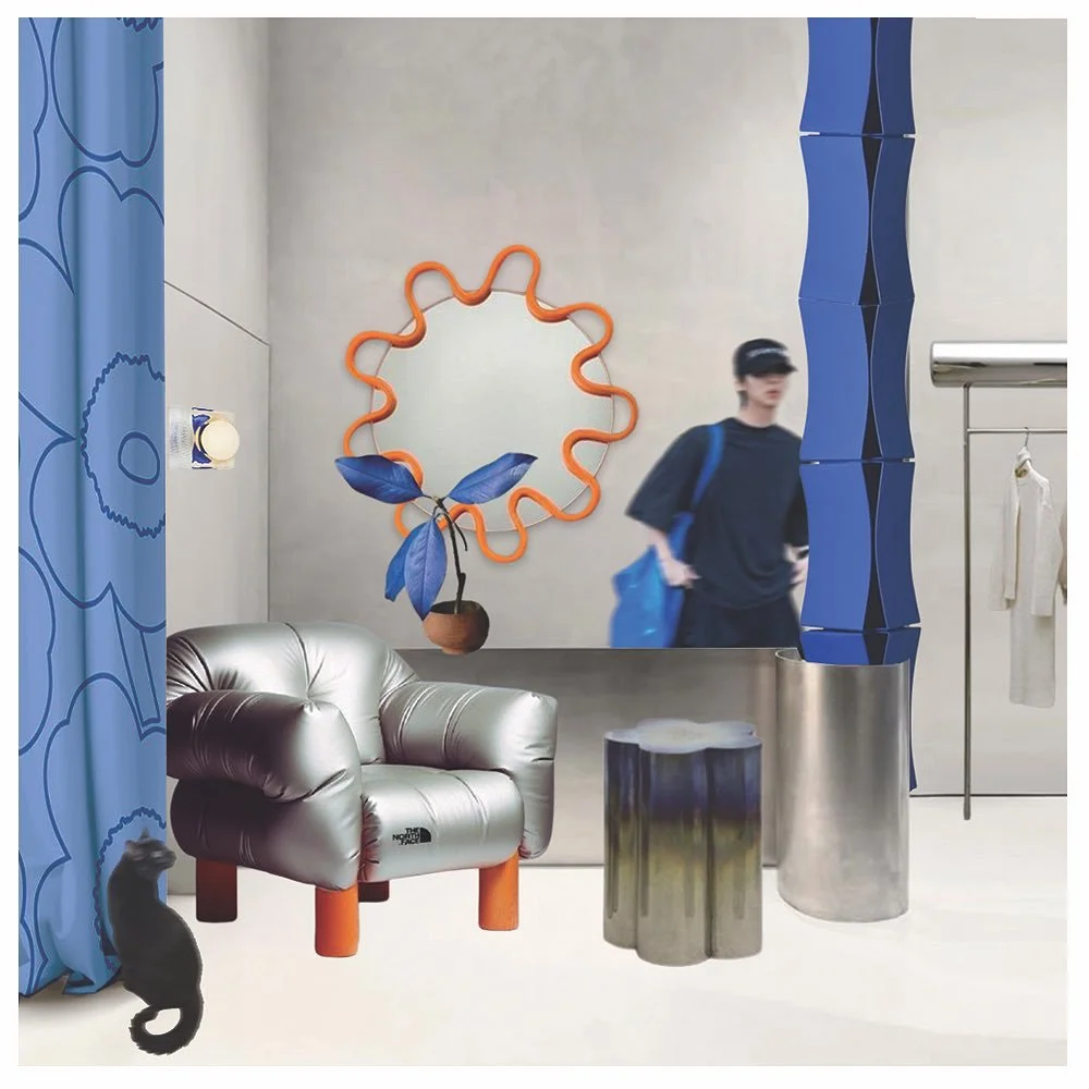 IDEA MOODBOARD SERIES #6
#moodboard #interior #fashionstore 
.
Lounge chair by AI from Vjieko Design 
Stool by Barvinok Ukraine 
Curtain pattern by @marimekko 
Wall light is Tuck wall sconce by Michael Amato 
Pillar covering is inspired by "Medi
