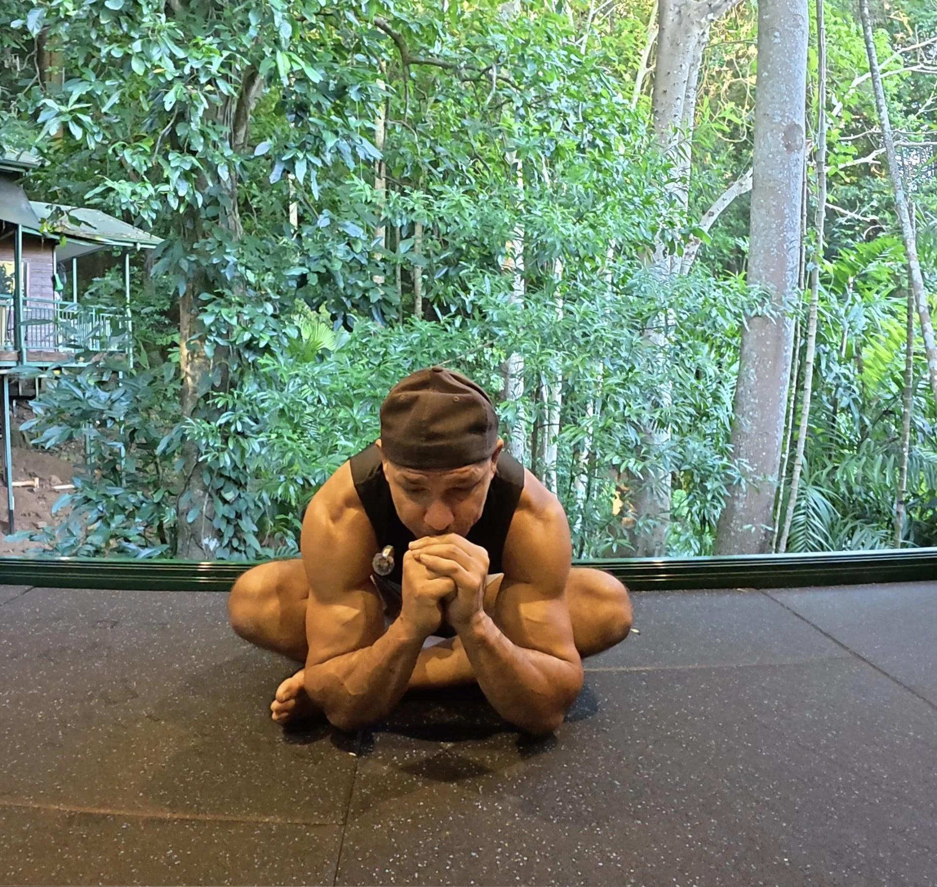 A muscular man wearing a cap and black sleeveless shirt doing a plank in a gym with a green leafy background visible through large windows.
