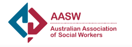 Logo of the Australian Association of Social Workers (AASW) with red and blue geometric shapes and red text.