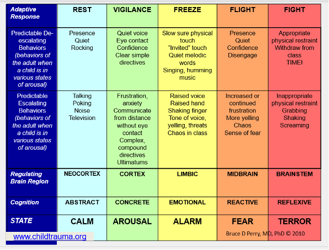 Table outlining different responses to child trauma, categorized by adaptive response, predictable escalation, brain region regulation, cognition, and state, using color codes to indicate levels from calm to danger.