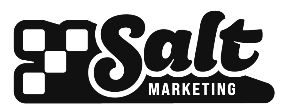 Logo for Salt Marketing with the word "Salt" in large, bold, black and white stylized font and the word "Marketing" underneath in smaller white font, with a black background.